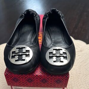 Tory Burch Black Leather Flats with Silver Logo